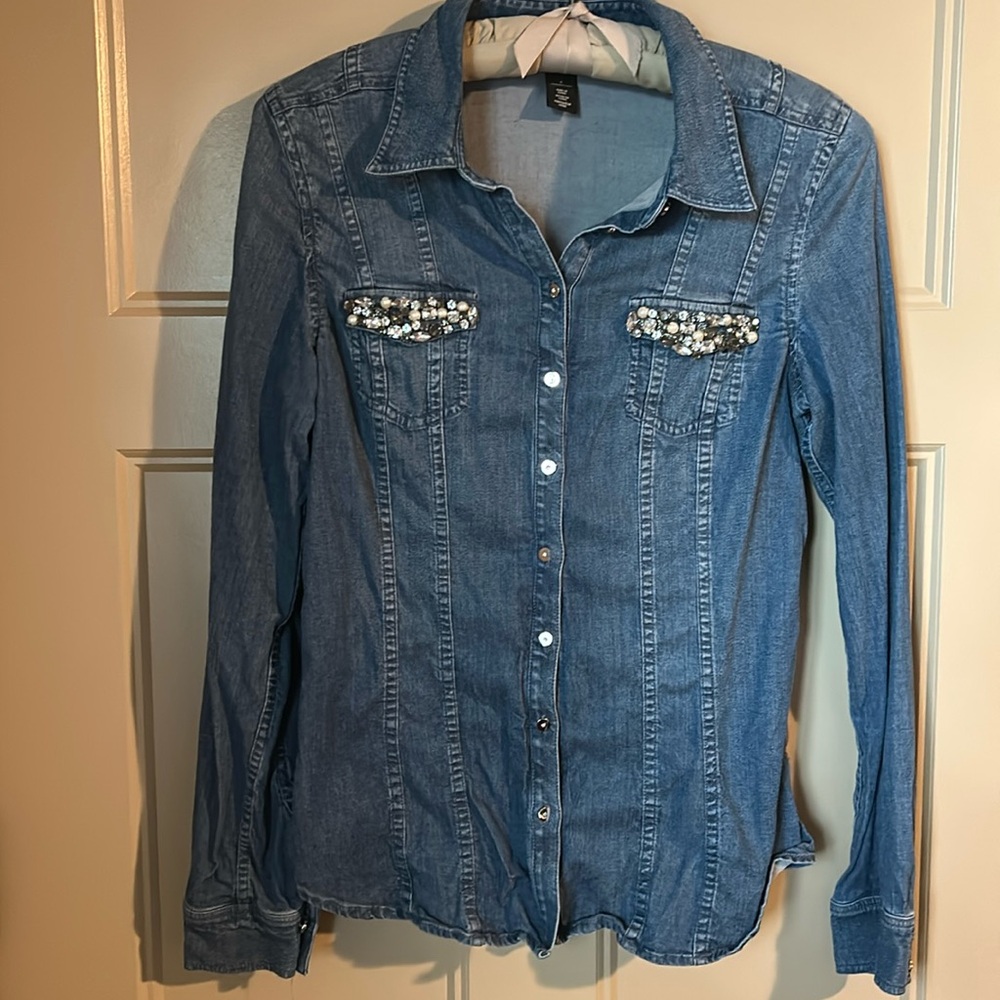 White House Black Market jeweled denim shirt